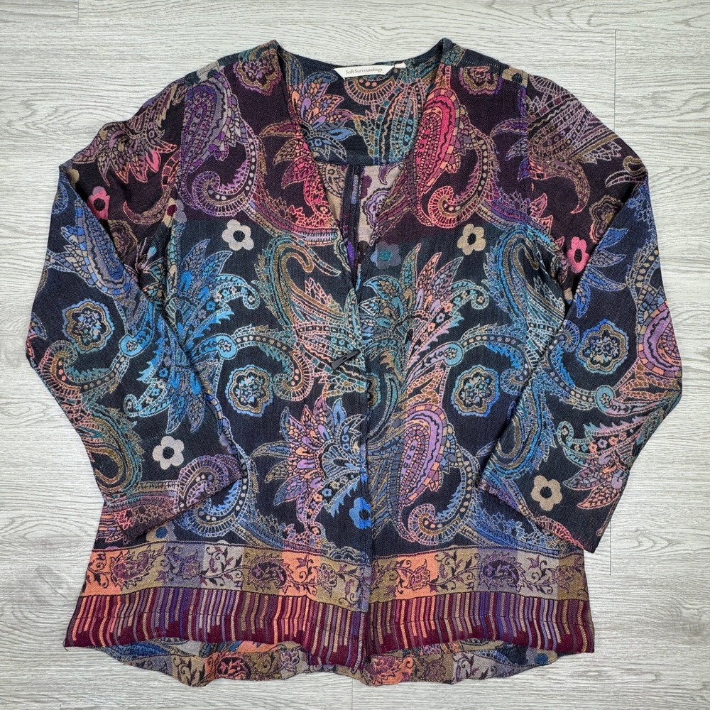 Soft Surroundings Women Cardigan Paisley Tapestry Print Multi Color Toggle XL?